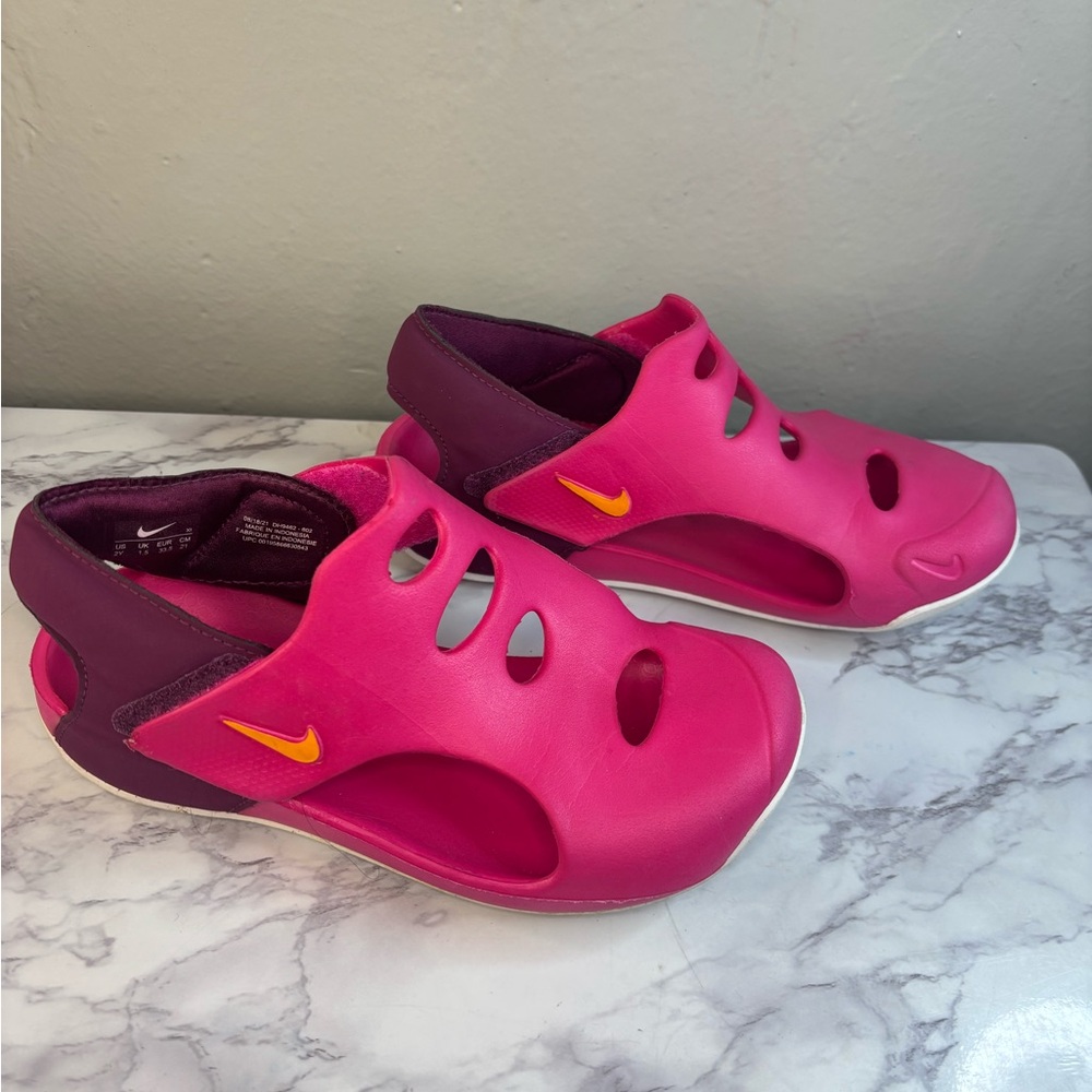 Nike Girls Sunray Pink and Magenta Slide Sandals with Orange Swoosh
